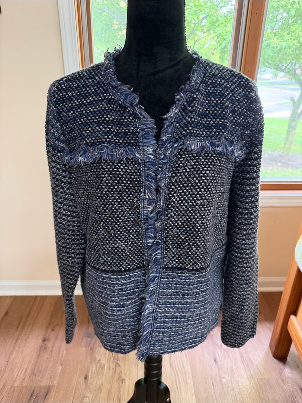 Chico's Two-Tone Fringe Tweed Open Jacket, size 2 (L)
